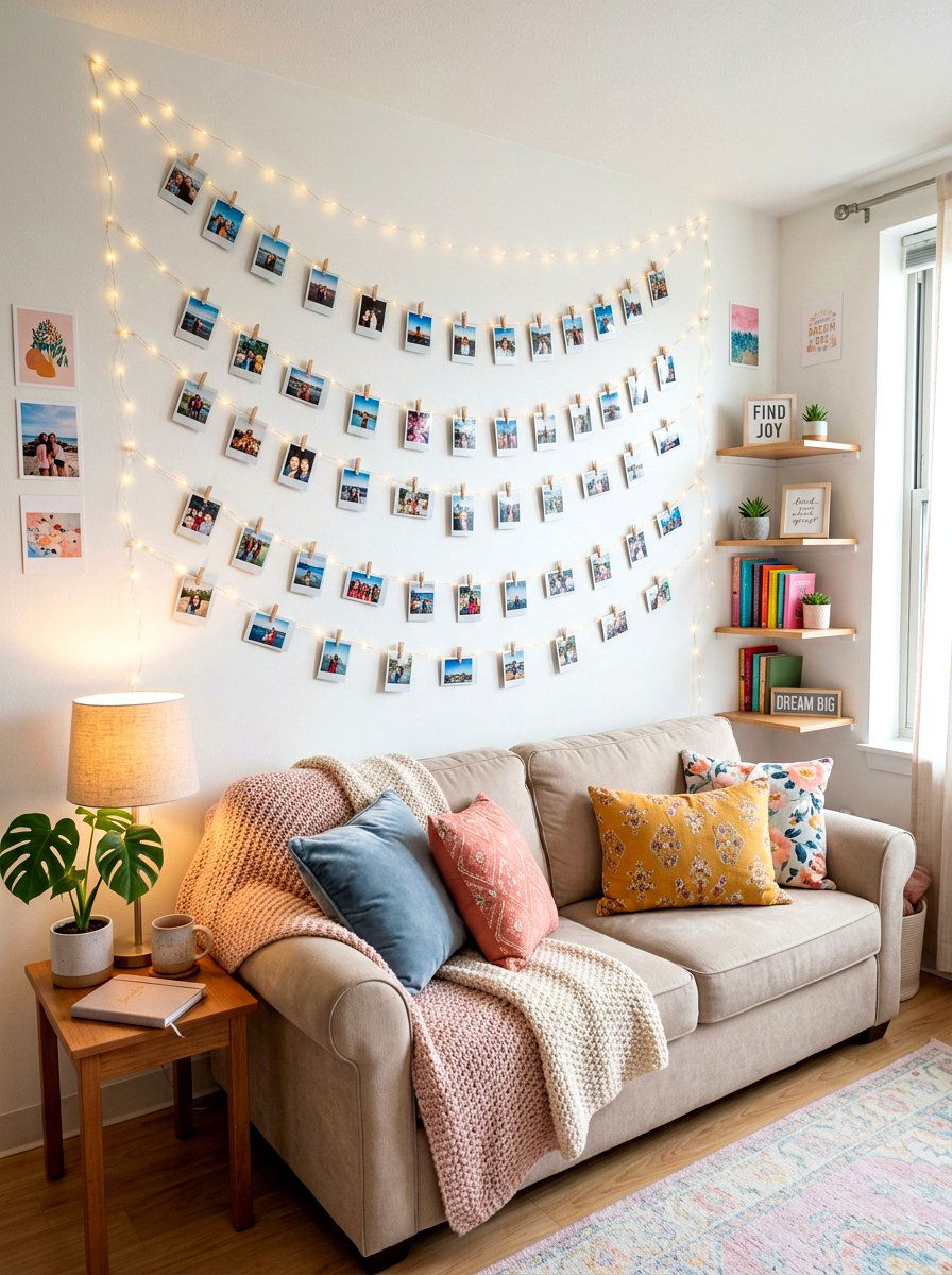 String Lights With Photo Clips - 30 dorm wall decor ideas