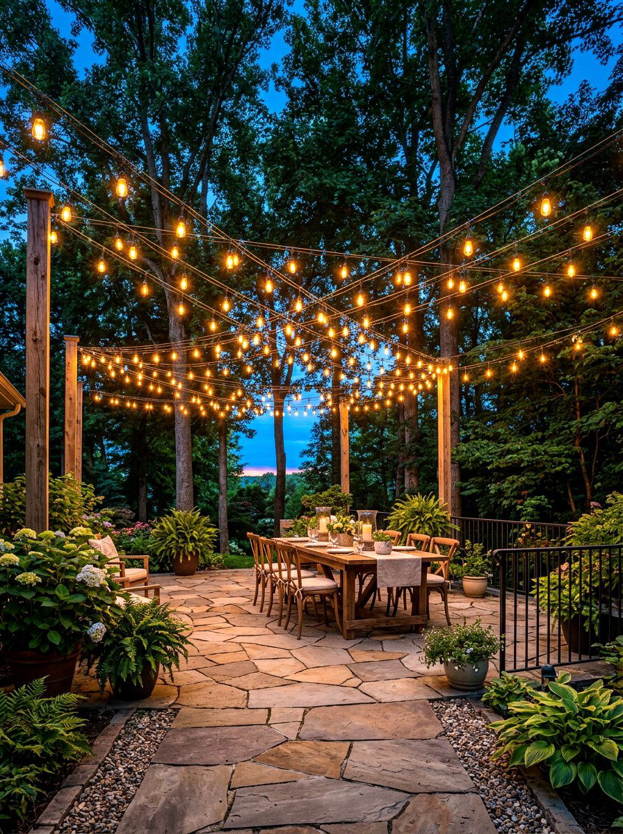 String light canopy - 30 cabin backyard landscaping ideas