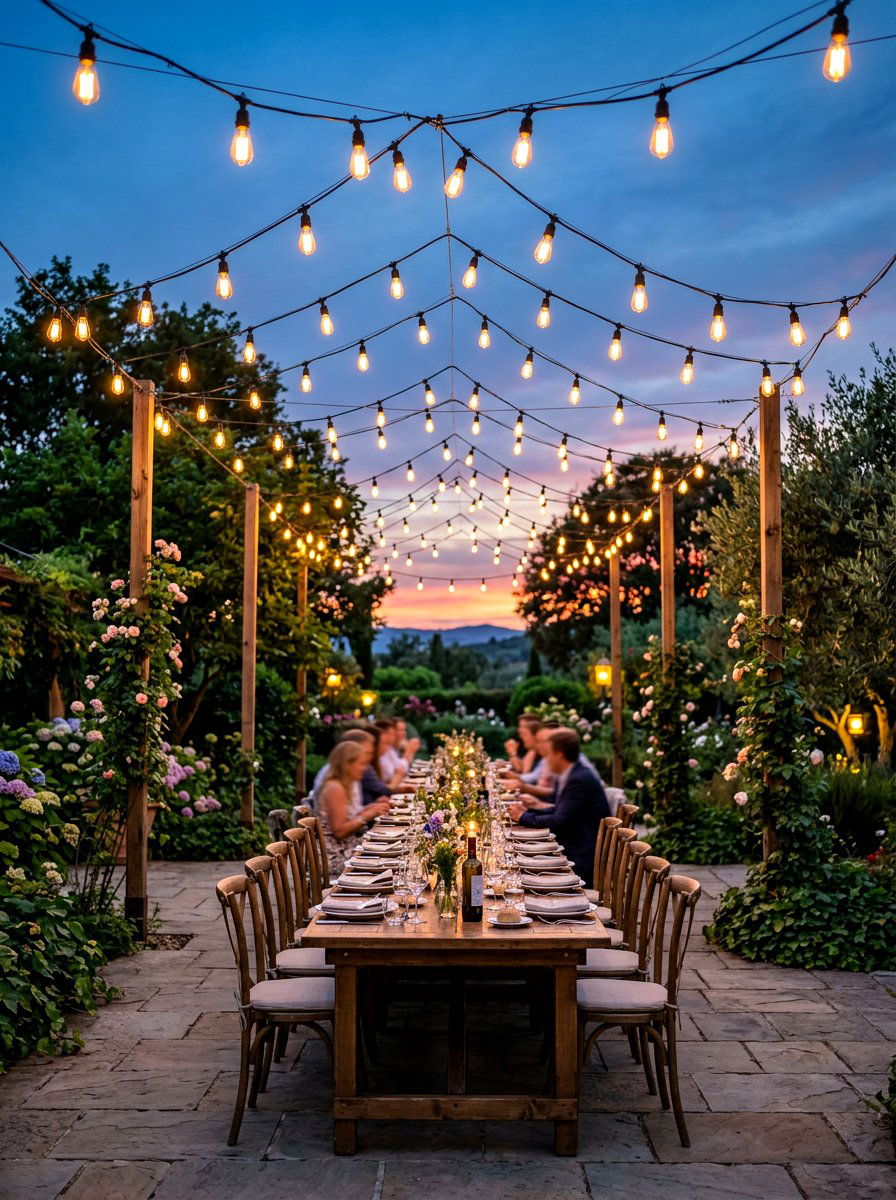 String light canopy setup - 30 baby shower backyard decor ideas