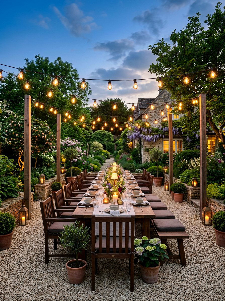 String light dining area - 30 farmhouse backyard ideas