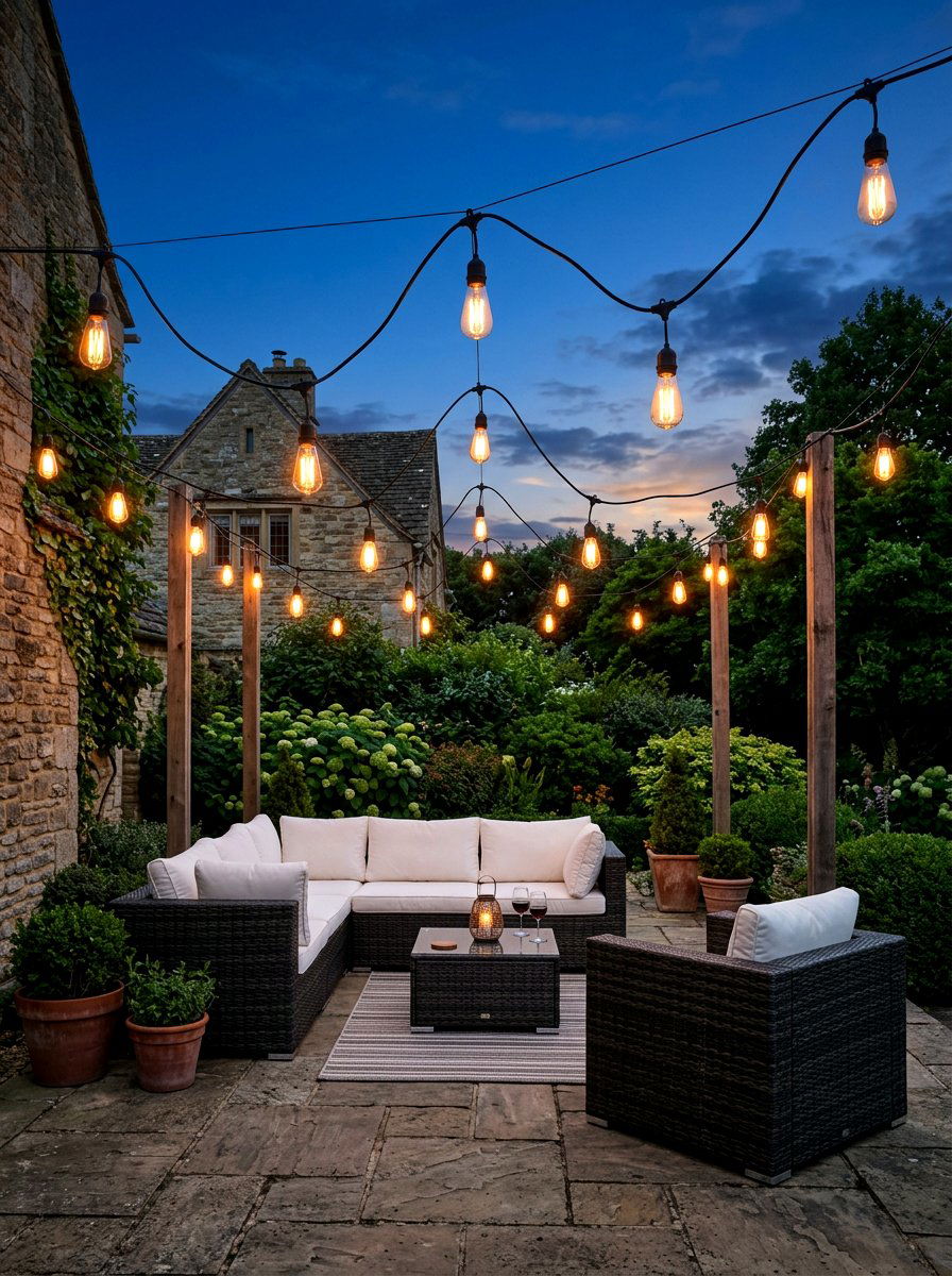 String light patio setup - 30 evening patio party ideas