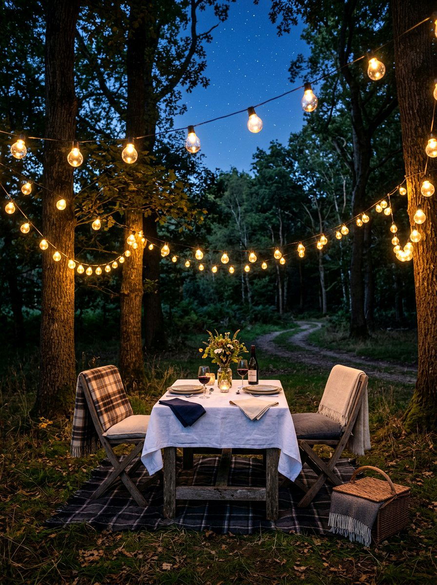 String light picnic - 30 backyard picnic area ideas