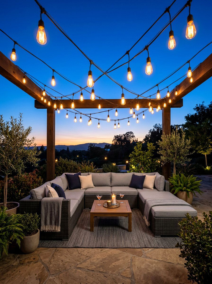 String lighting for evening lounge - 30 patio conversation area ideas