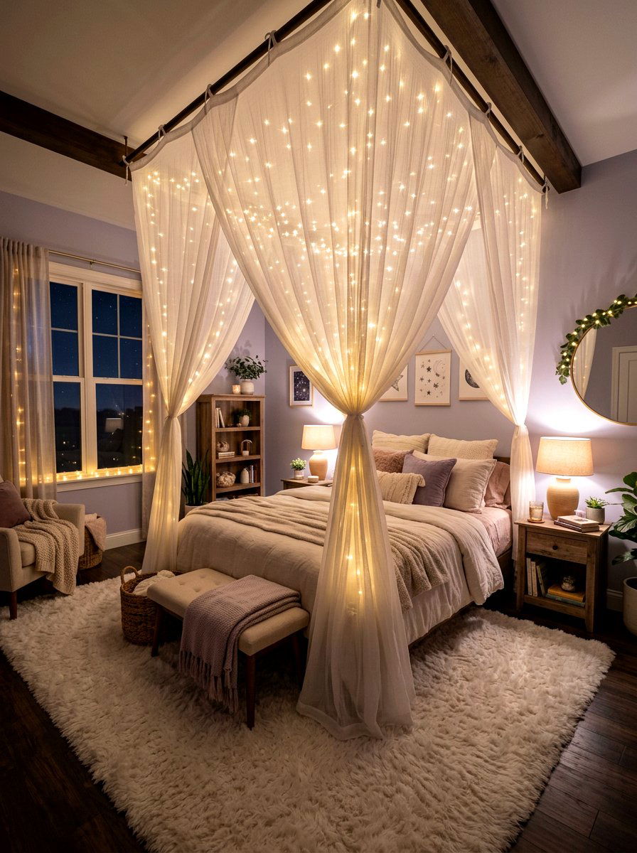 String lights canopy - 30 teen hangout room ideas