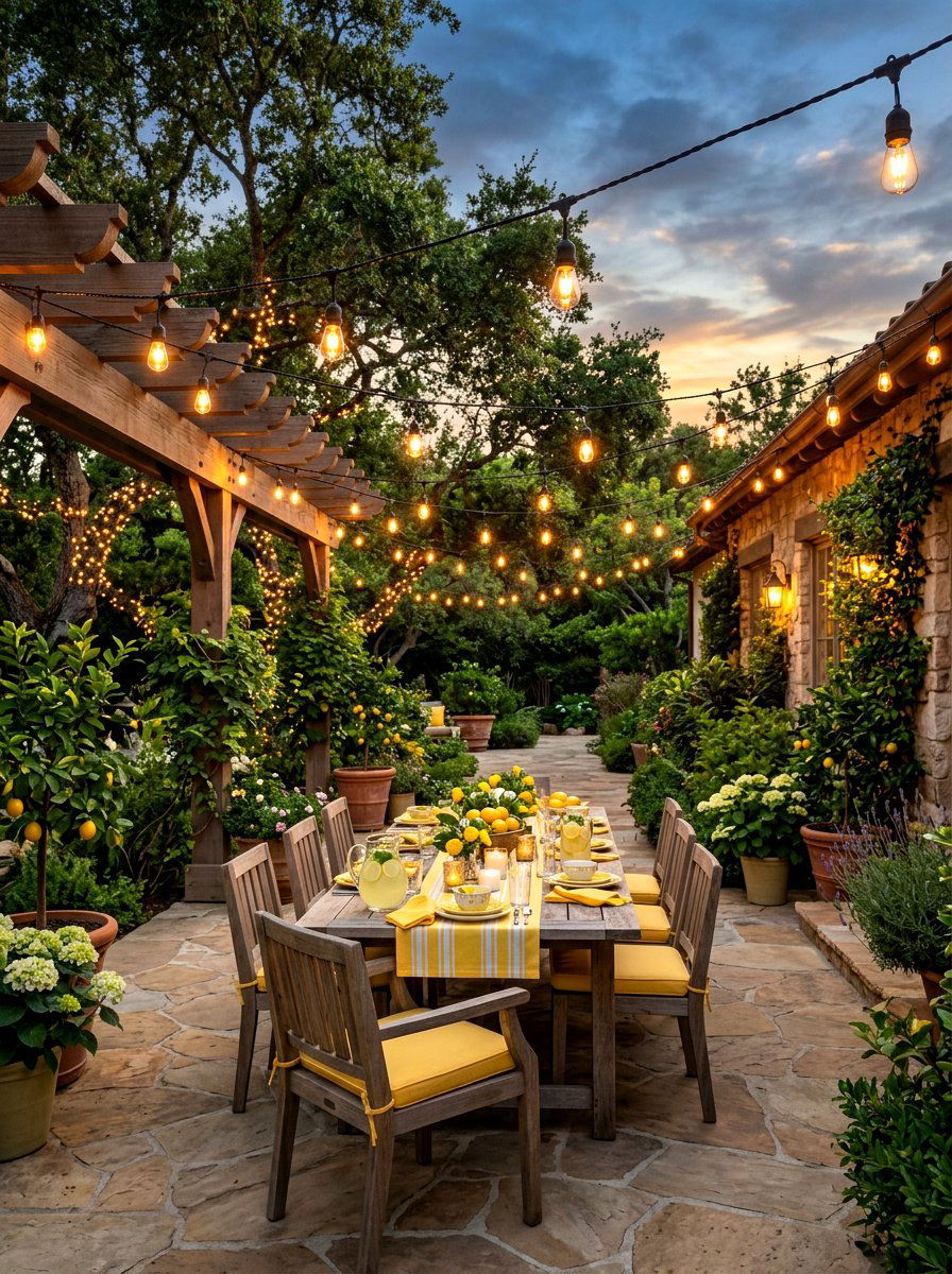 String lights for evening lemonade parties - 30 lemonade patio party ideas