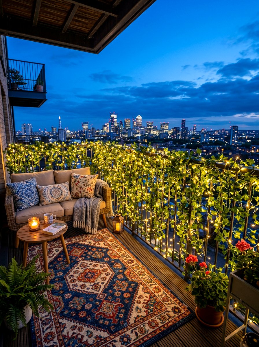 String lights with greenery - 30 apartment patio privacy ideas