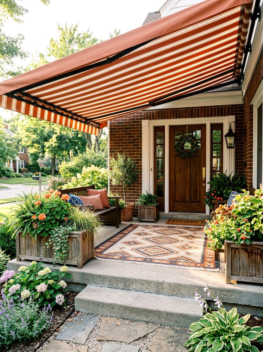 Striped Awning For Concrete Front Porch - 30 striped awning front porch ideas