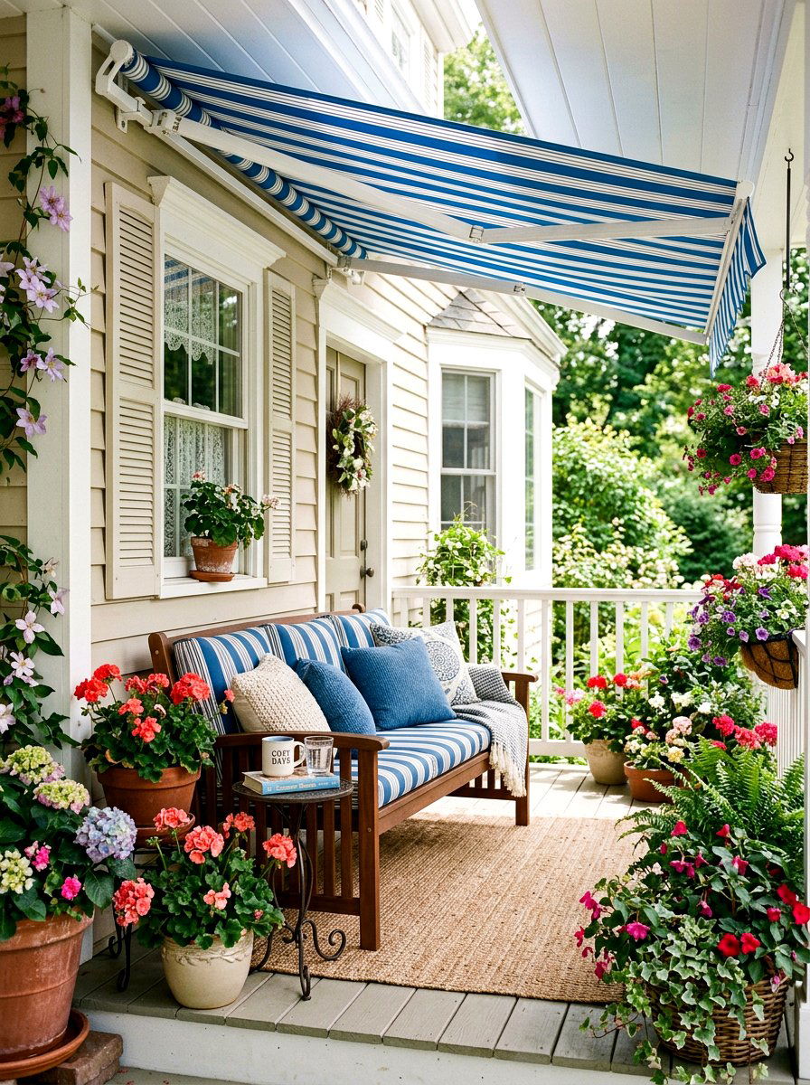 Striped Awning Over Porch Bench - 30 striped awning front porch ideas