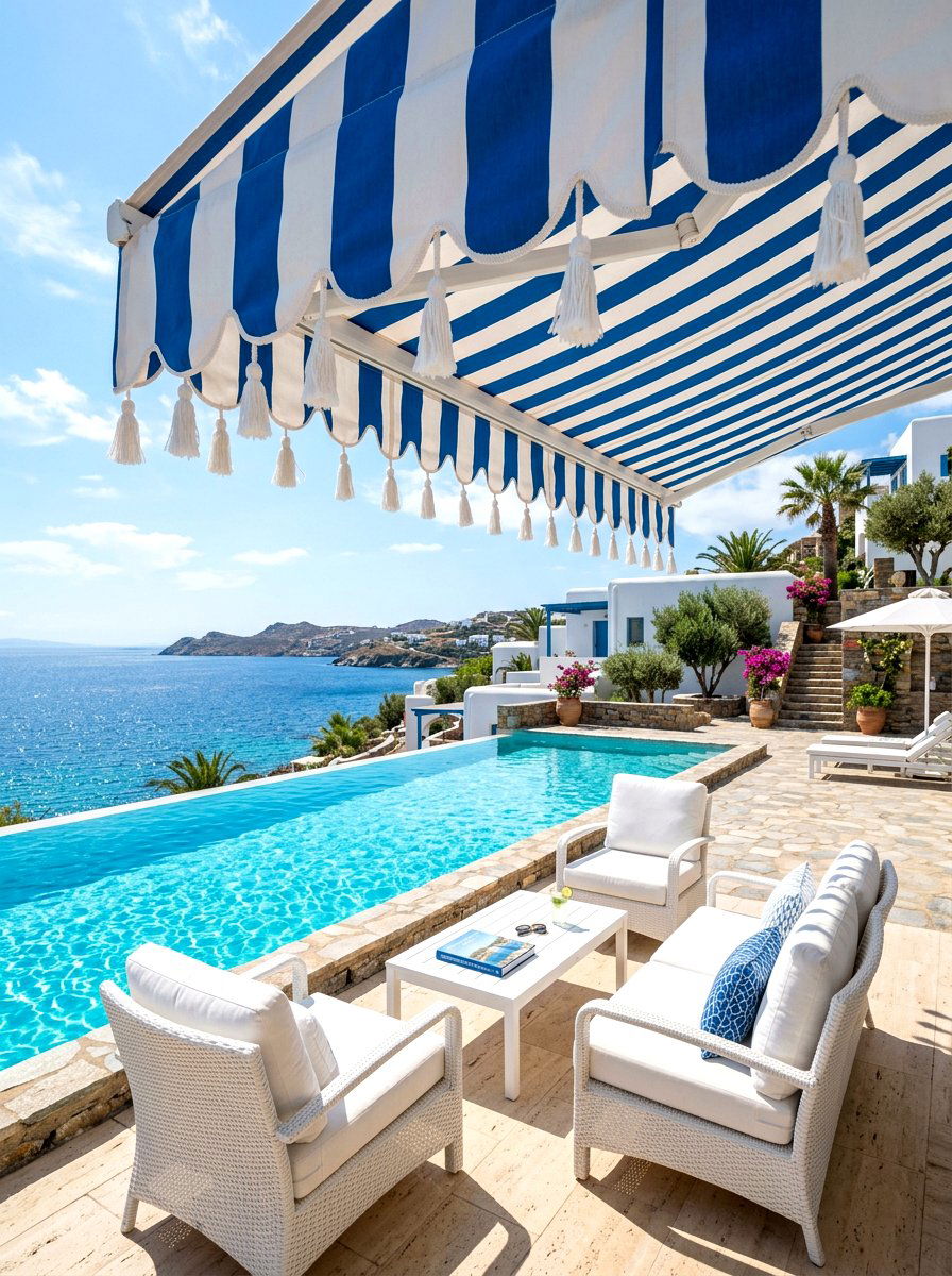 Striped Awning With White Tassels - 30 scalloped awning ideas