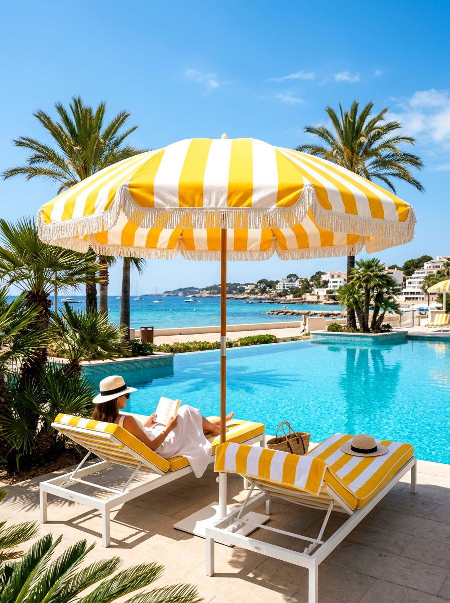 Striped Cabana Umbrella - 30 poolside umbrella lounge ideas