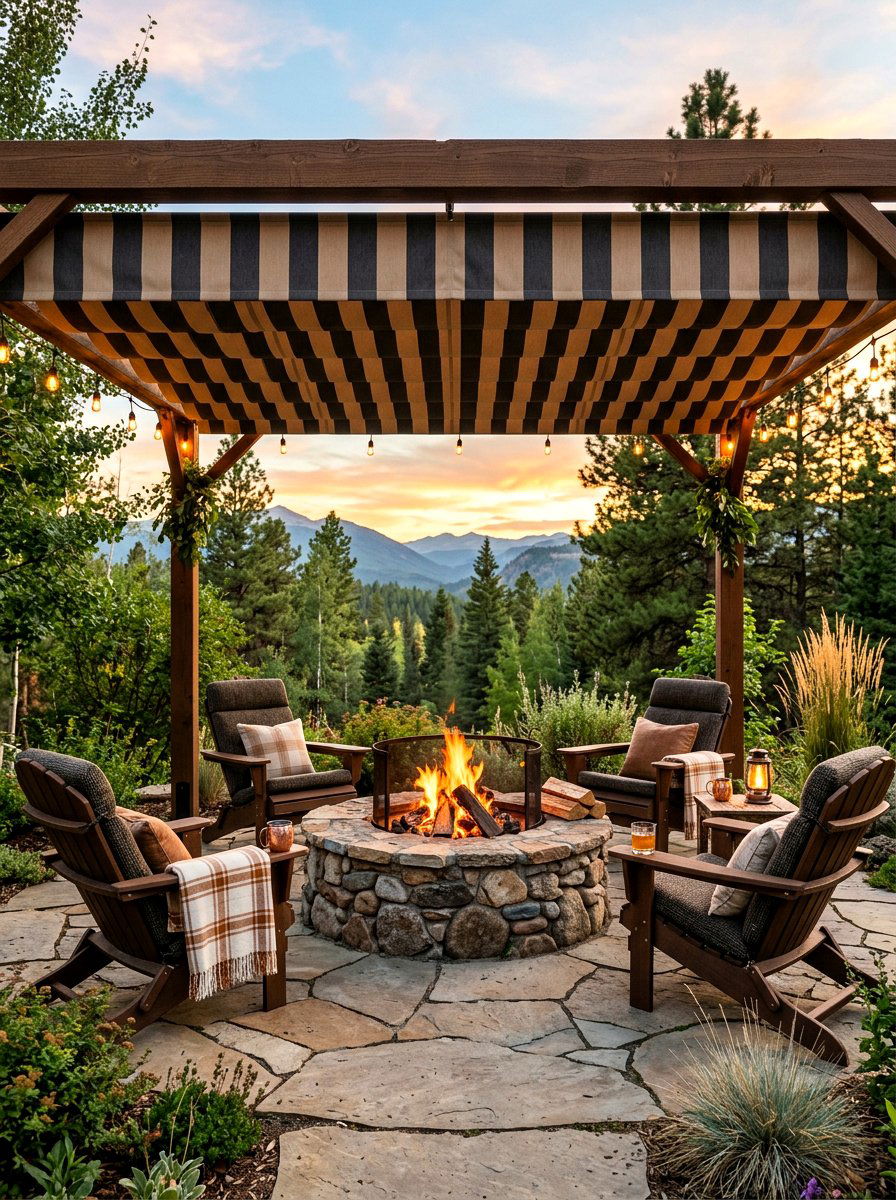 Striped Canopy Over Stone Fire Pit - 30 striped cabana backyard ideas