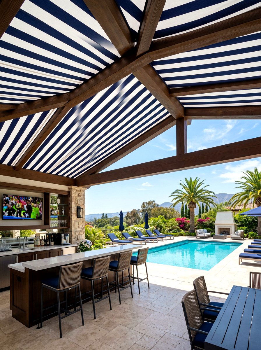 Striped Ceiling Poolside Entertainment Area - 30 striped cabana backyard ideas