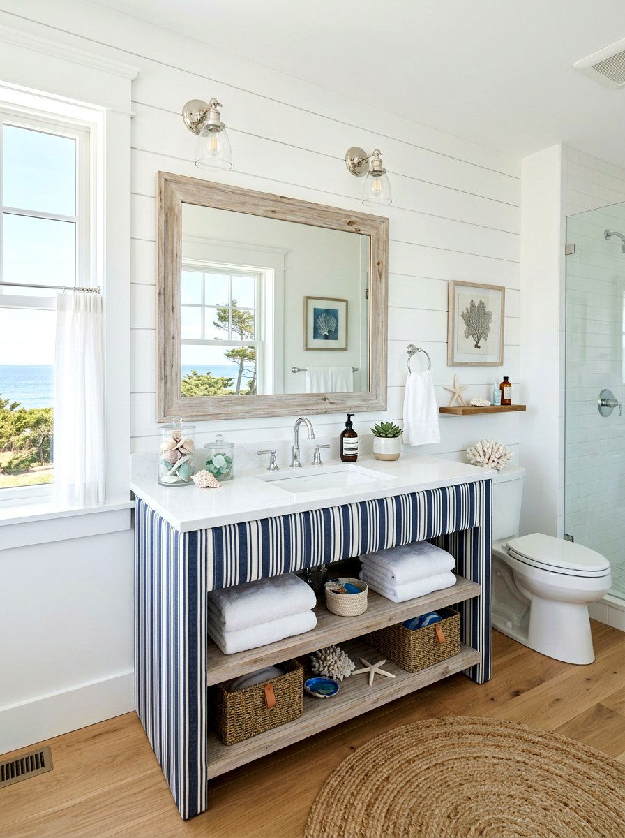Striped Cotton Sink Base - 30 skirted vanity ideas