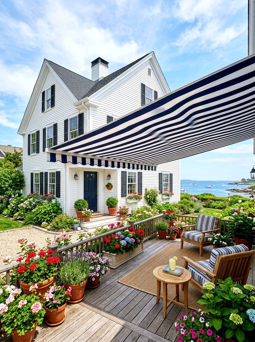 Striped Fabric Awning - 30 retractable canopy patio ideas