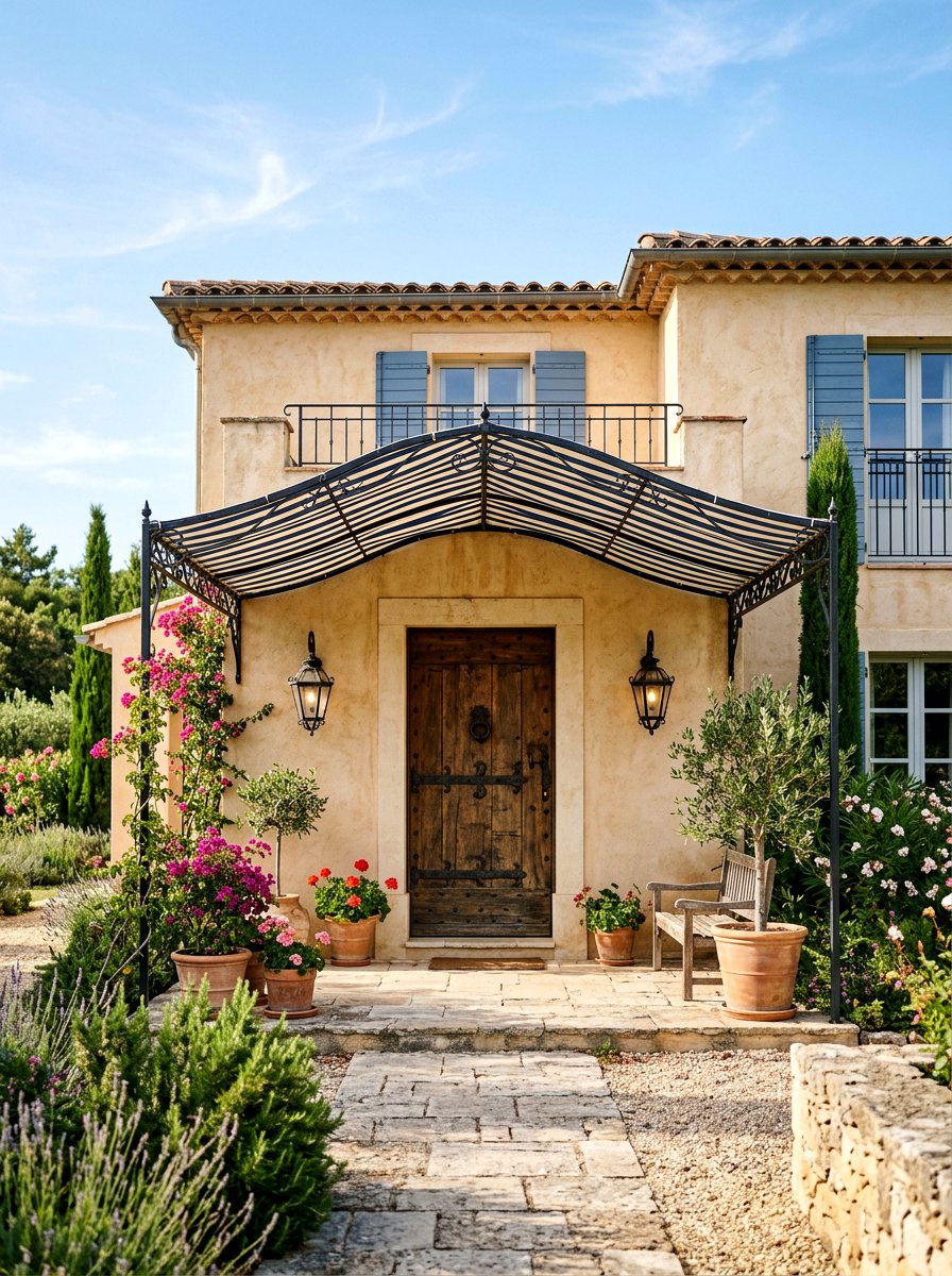 Striped Fabric Awning With Wrought Iron - 30 striped awning front porch ideas