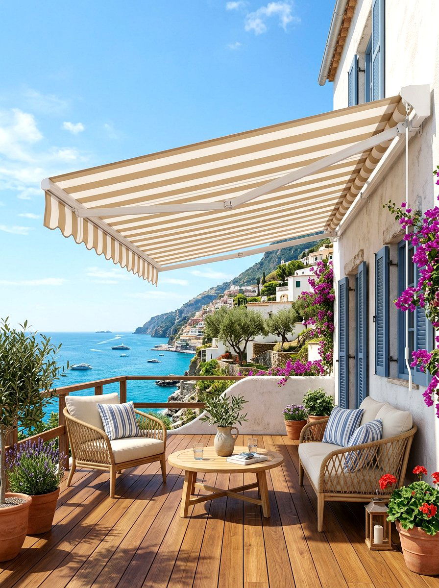 Striped Fabric Retractable Awning - 30 Nancy Meyers patio ideas