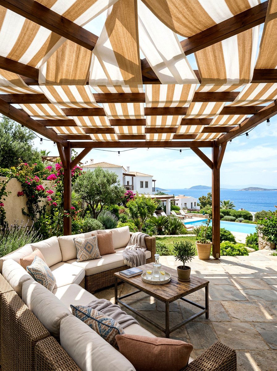 Striped Fabric Roof Pergola Space - 30 striped cabana backyard ideas