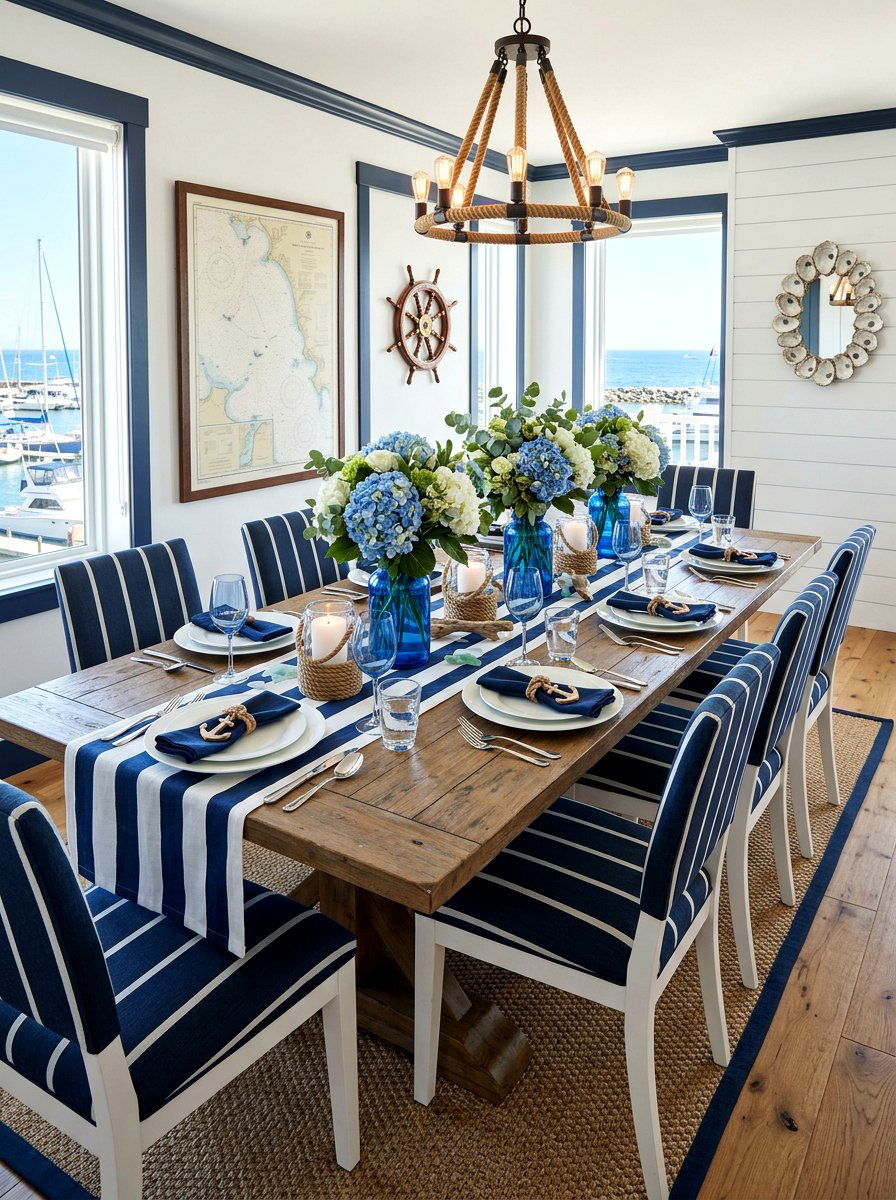 Striped Linen Nautical Table - 30 layered tablescape dining ideas