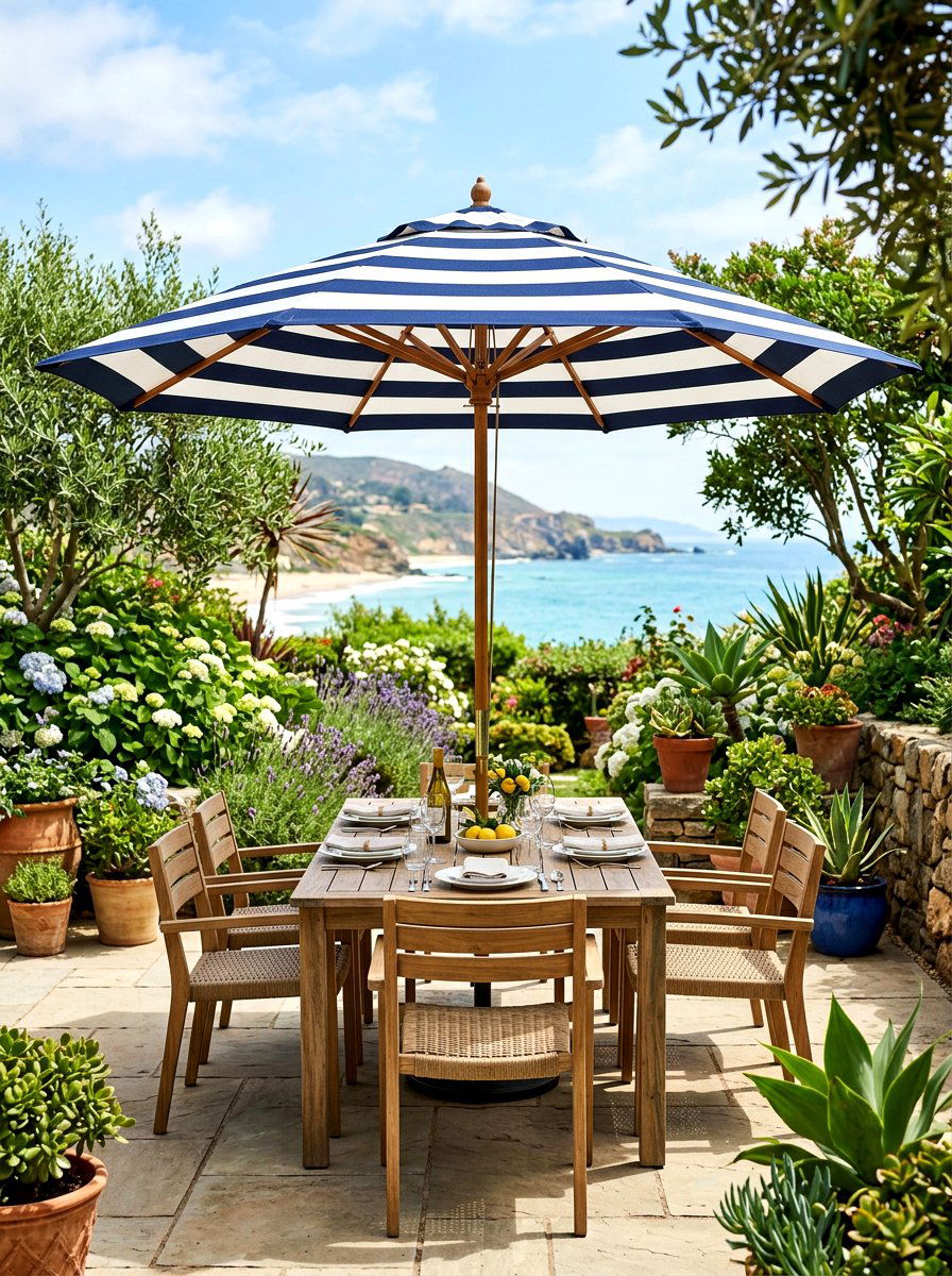 Striped Patio Umbrella Design - 30 breezy coastal patio ideas