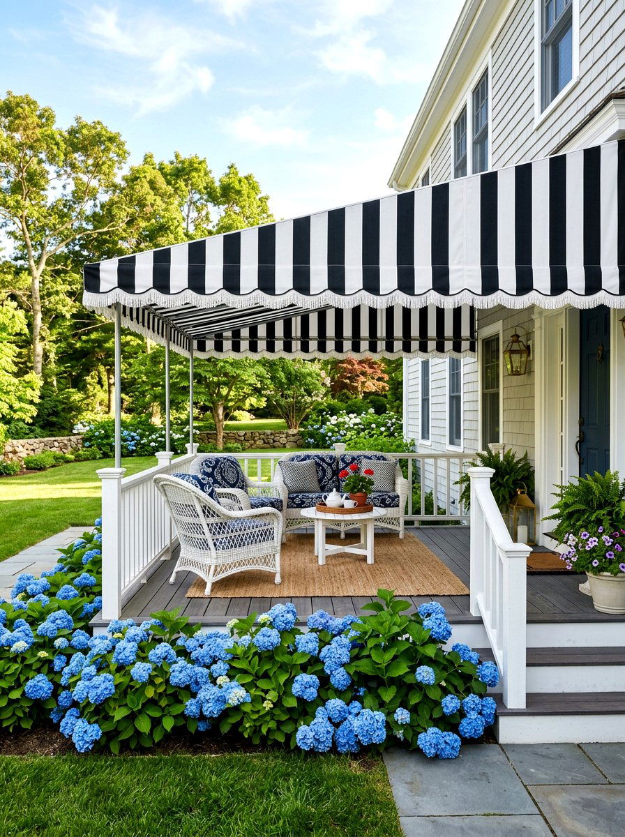 Striped Porch Awning - 30 farmhouse porch decor ideas