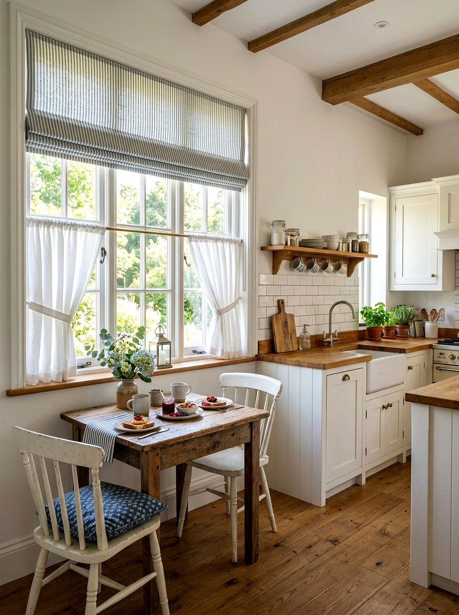 Striped Roman Shade With Solid Curtains - 30 blind and curtain combo ideas