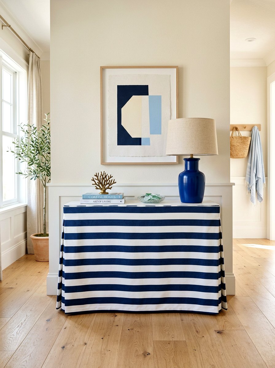 Striped Skirted Console - 30 skirted foyer table ideas