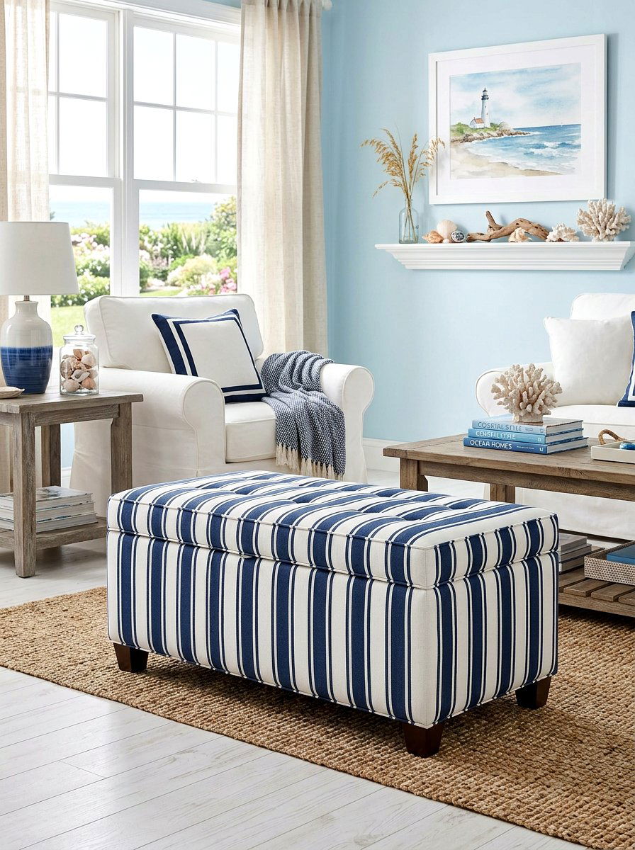 Striped Upholstered Storage Ottoman - 30 hidden ottoman storage ideas