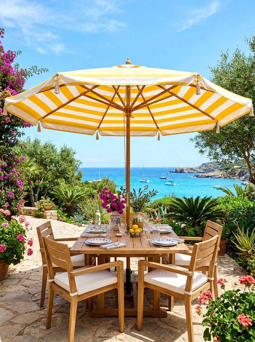 Striped Yellow Patio Umbrella - 30 butter yellow patio decor ideas