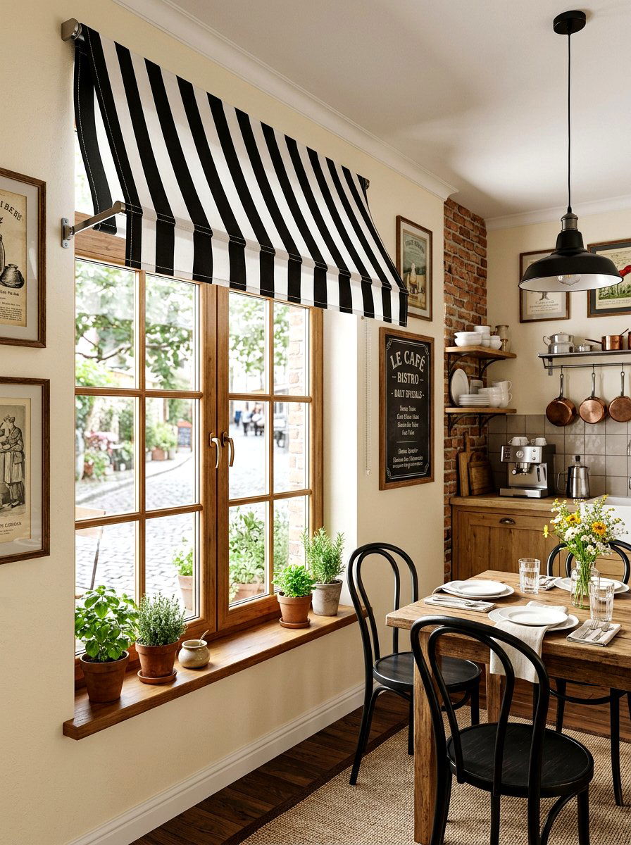 Striped awning window treatment - 30 Paris cafe dining room ideas