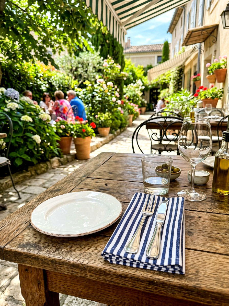 Striped bistro napkin outdoor dining - 30 garden salad tablescape ideas