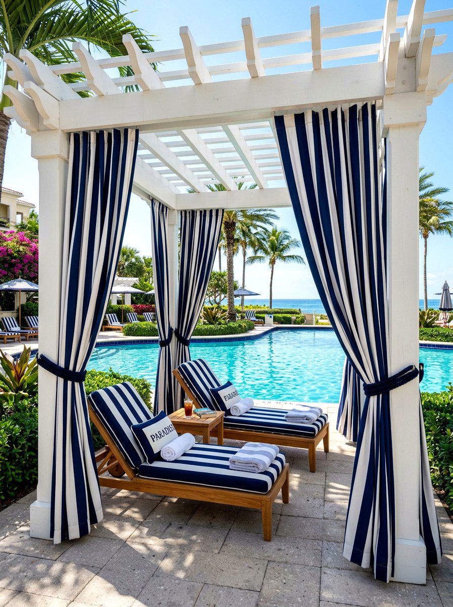 Striped cabana style pergola - 30 pergola privacy curtain ideas