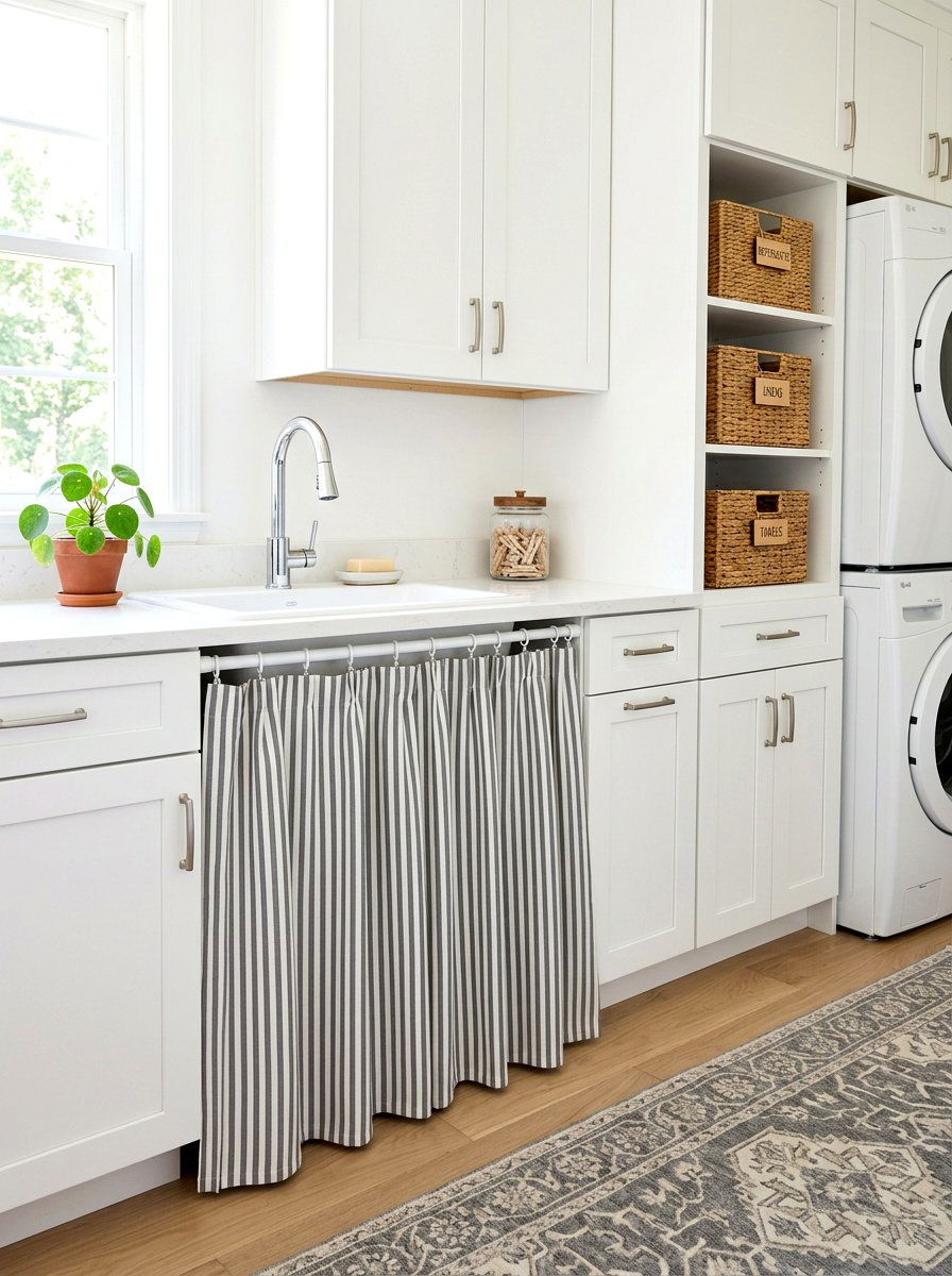 Striped cotton sink skirt - 30 skirted sink ideas