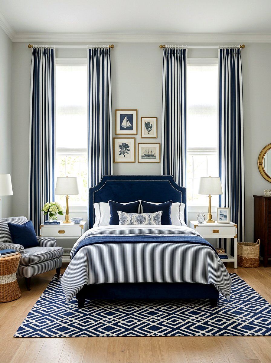 Striped drapes over white roman shades - 30 bedroom curtain layering ideas