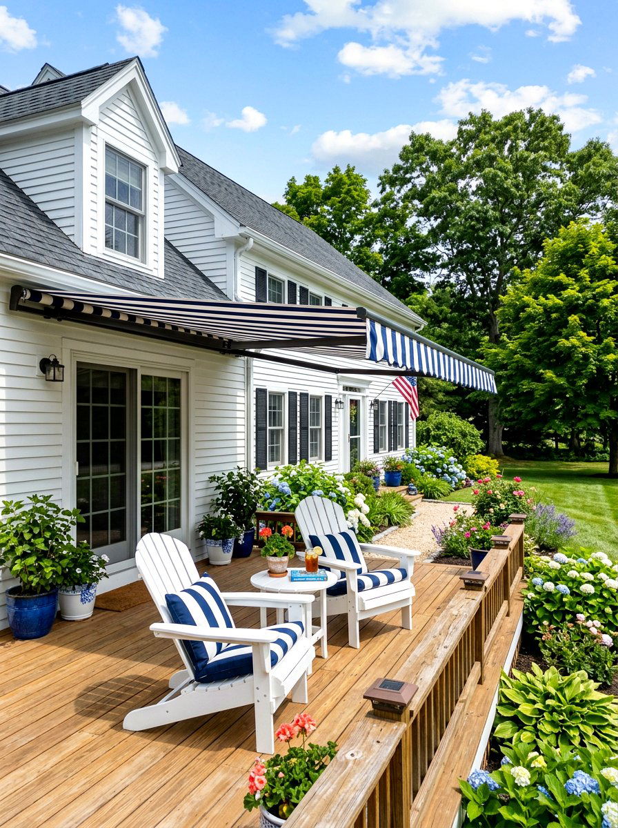 Striped fabric awning - 30 patio canopy ideas
