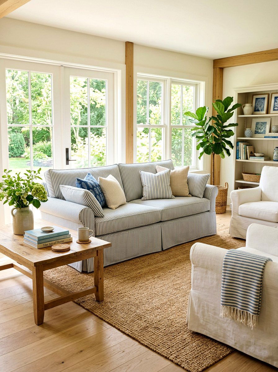 Striped fabric skirted sofa - 30 skirted sofa ideas
