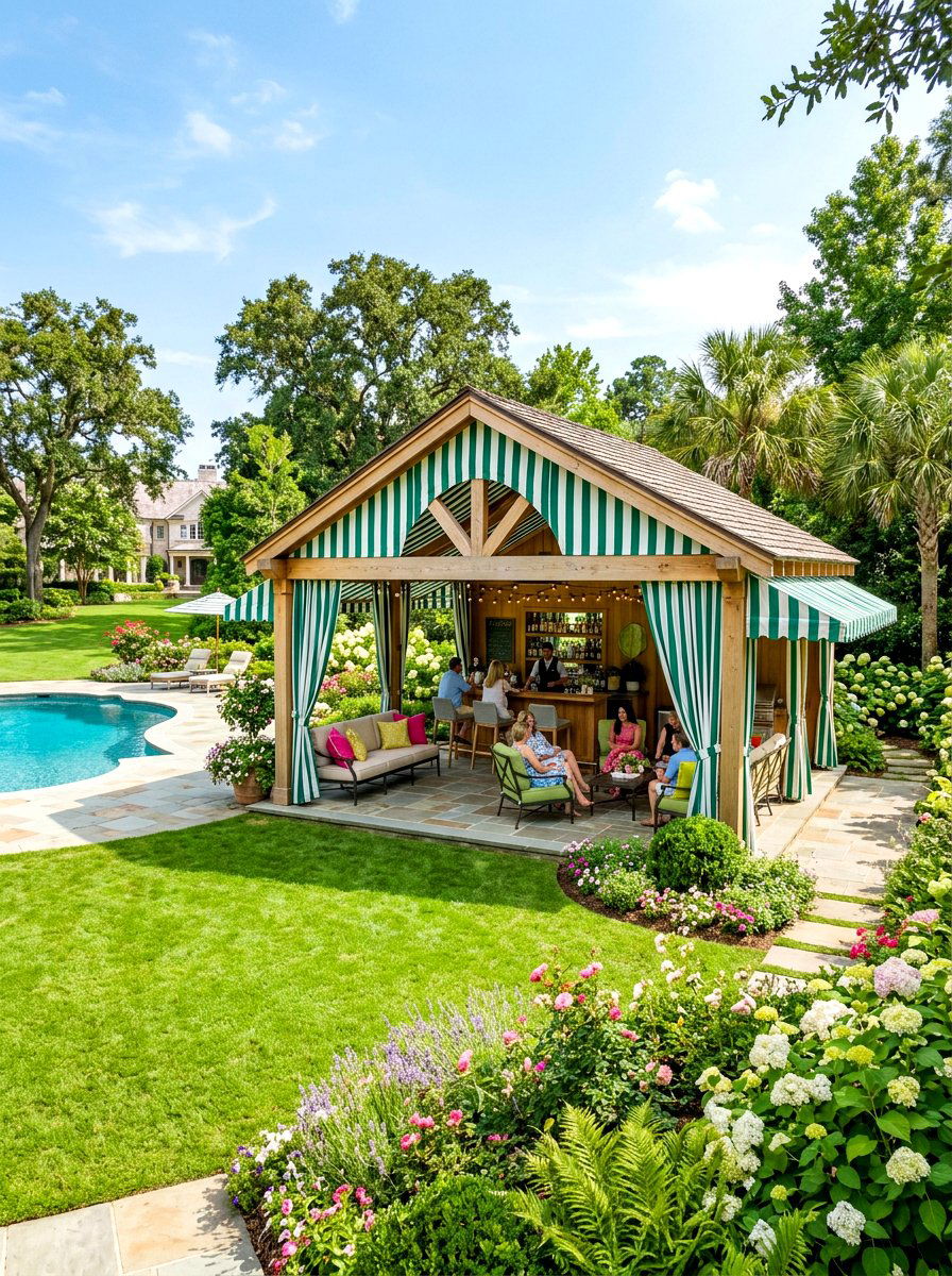 Striped green and white cabana - 30 green and white stripe patio ideas