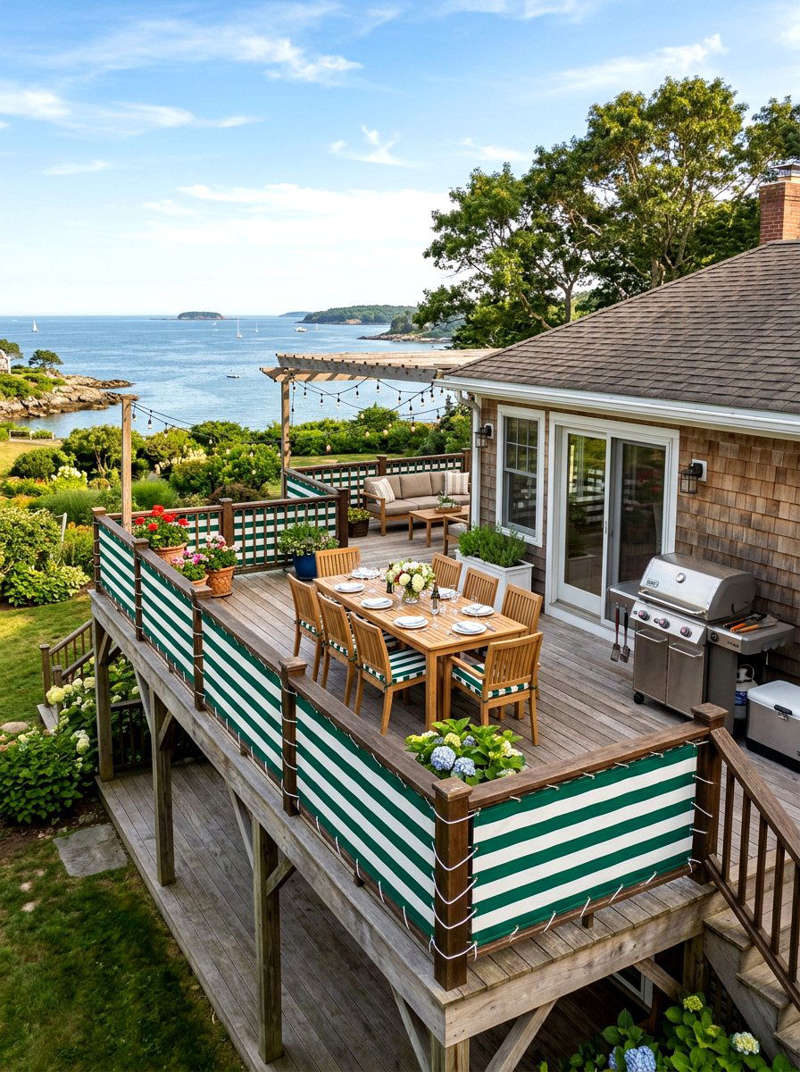 Striped green and white deck railing covers - 30 green and white stripe patio ideas