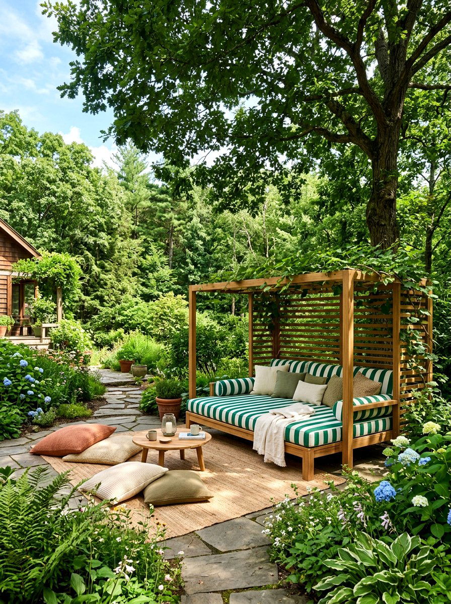 Striped green and white outdoor daybed - 30 green and white stripe patio ideas
