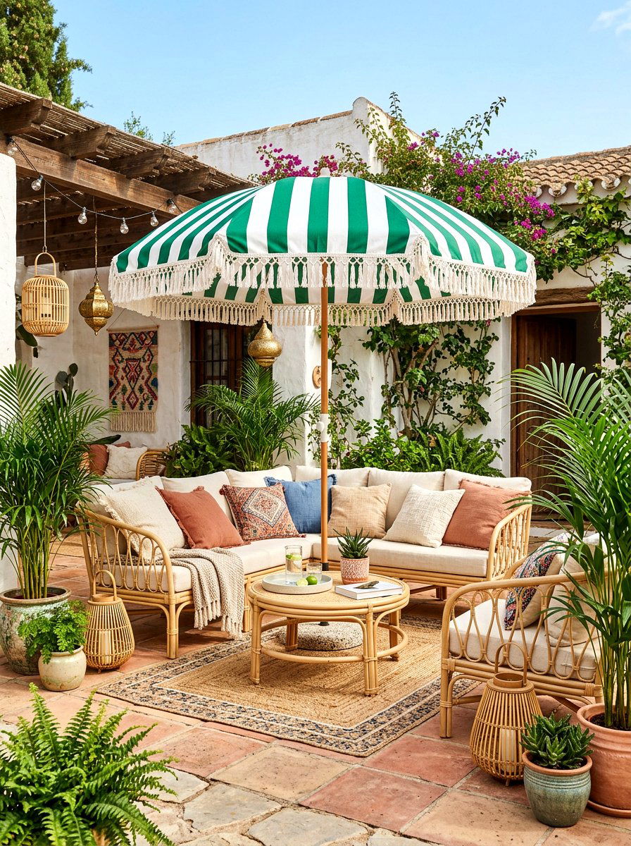 Striped green and white patio umbrella with fringe - 30 green and white stripe patio ideas