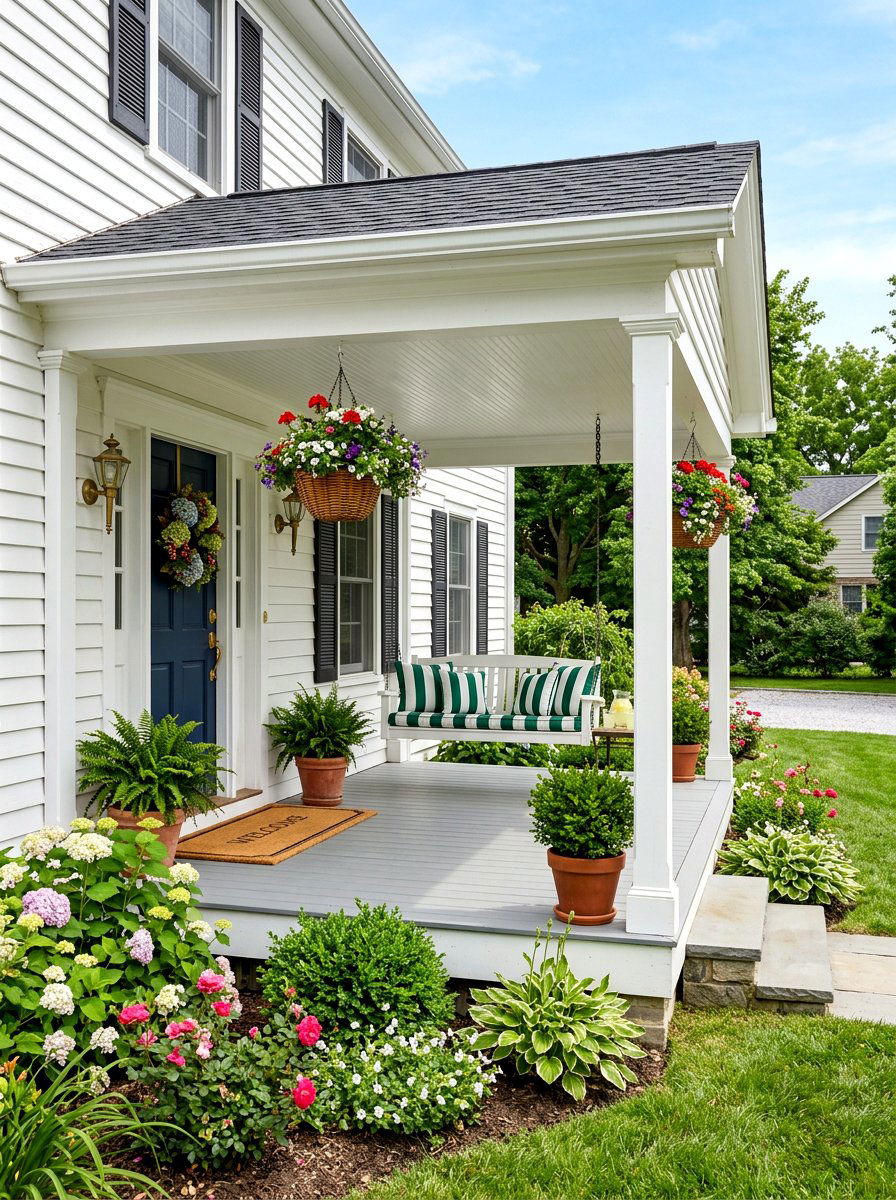 Striped green and white porch swing - 30 green and white stripe patio ideas