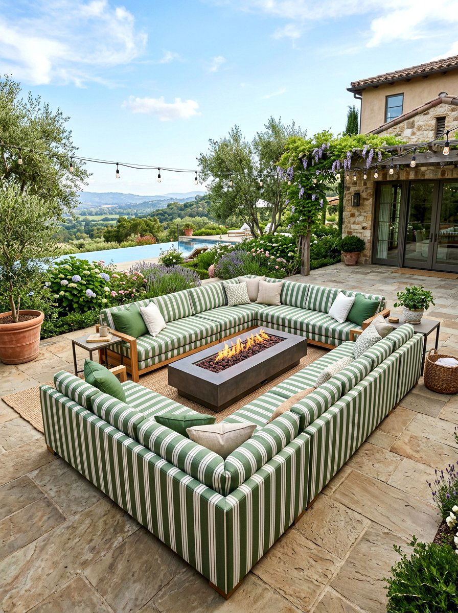 Striped green and white sectional sofa - 30 green and white stripe patio ideas
