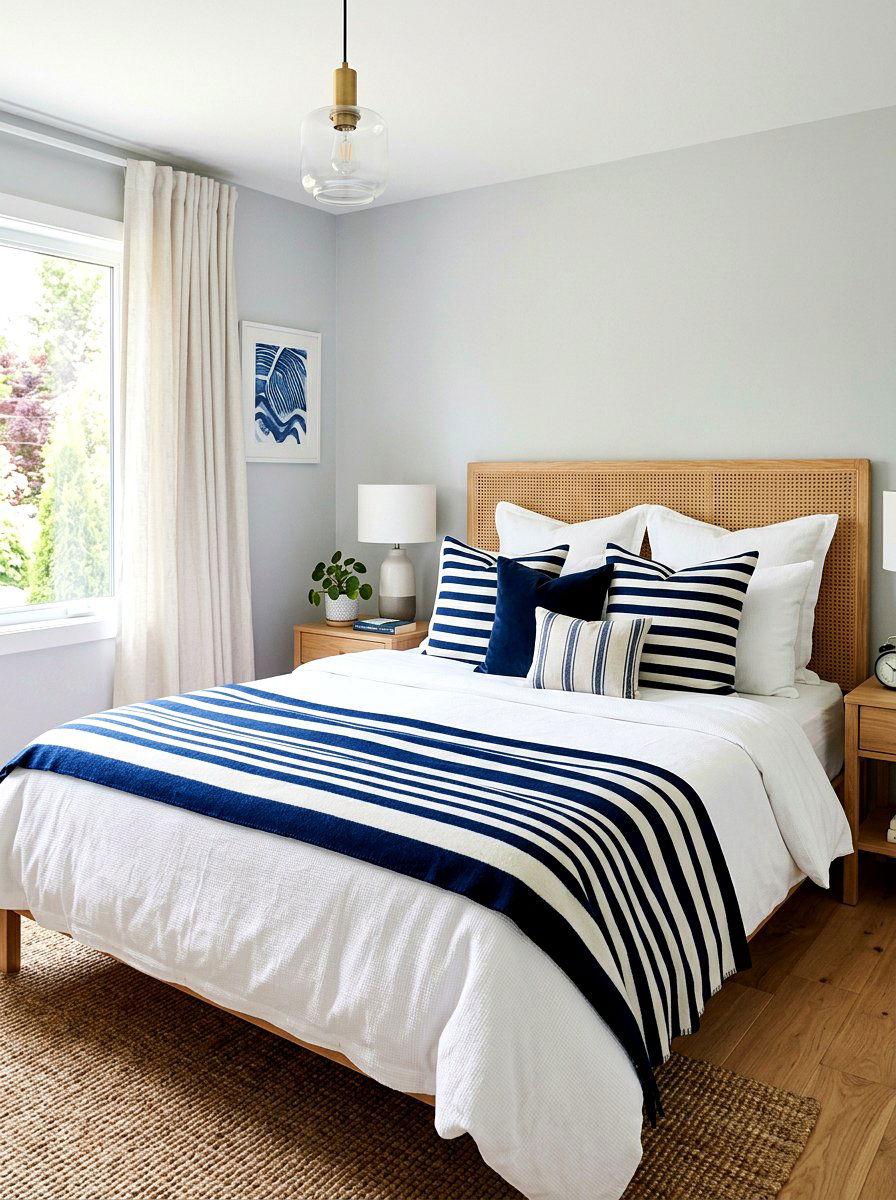 Striped navy bedroom textiles - 30 coastal grandmother decor ideas