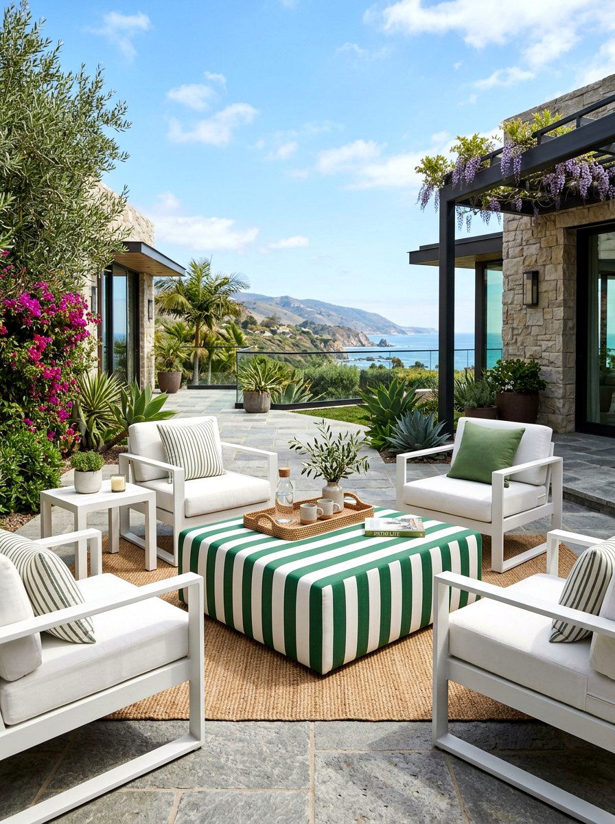 Striped outdoor ottoman in green and white - 30 green and white stripe patio ideas