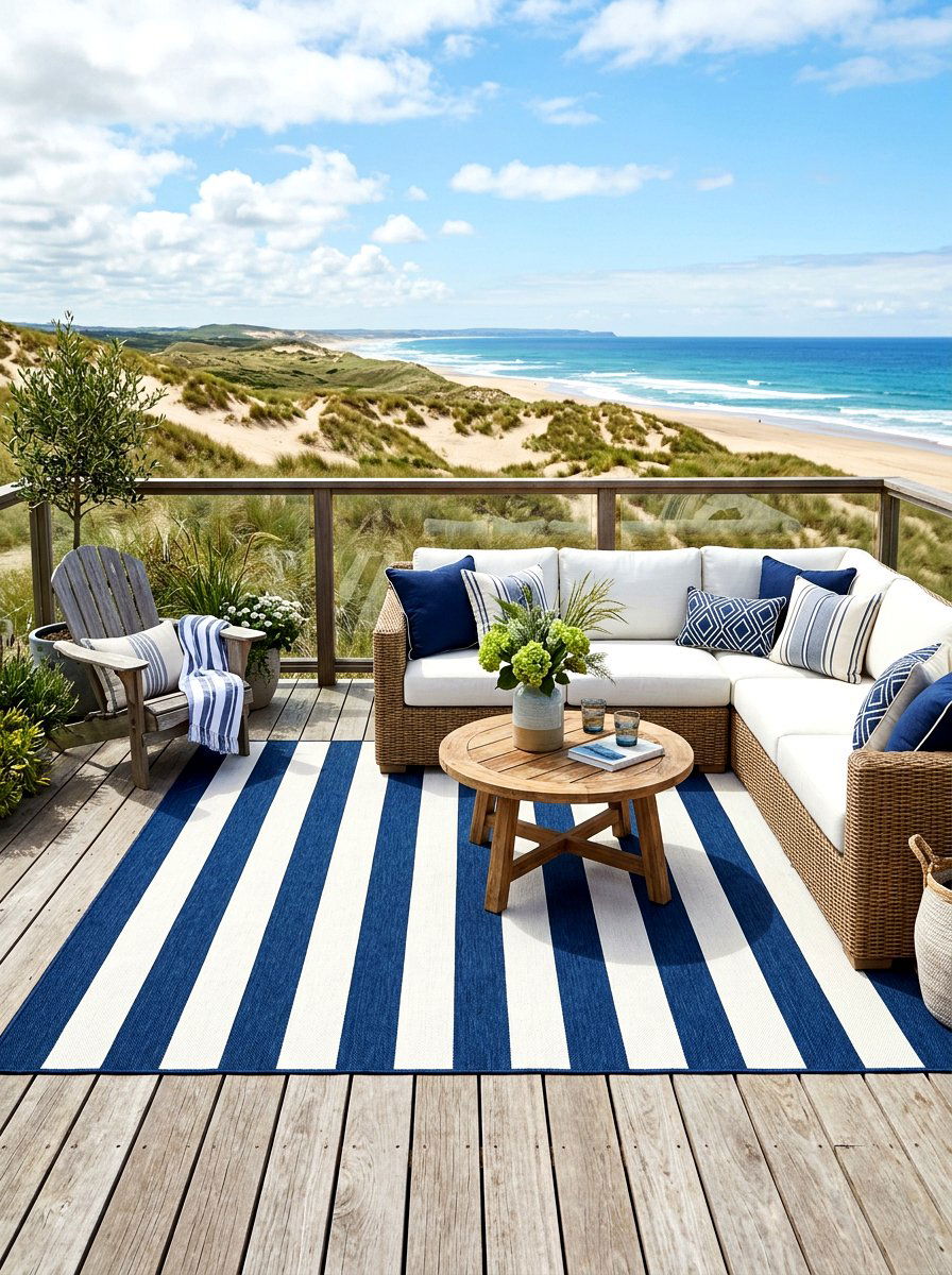 Striped outdoor rug - 30 surf shack decor ideas