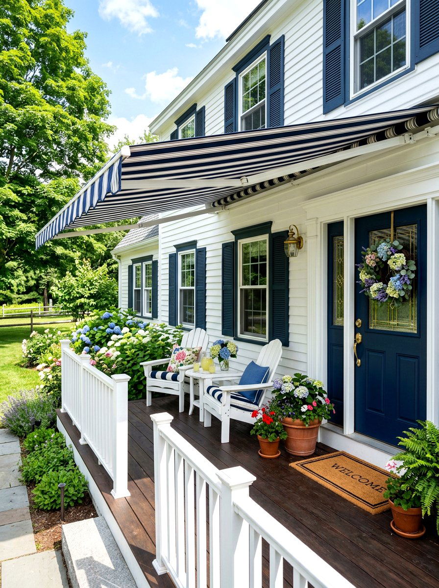 Striped porch awning - 30 country porch decor ideas