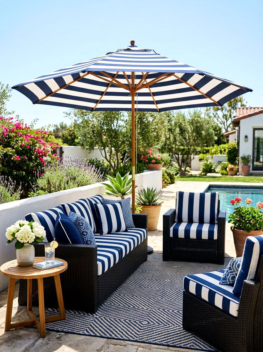 Striped umbrella and striped cushions - 30 striped umbrella patio decor ideas