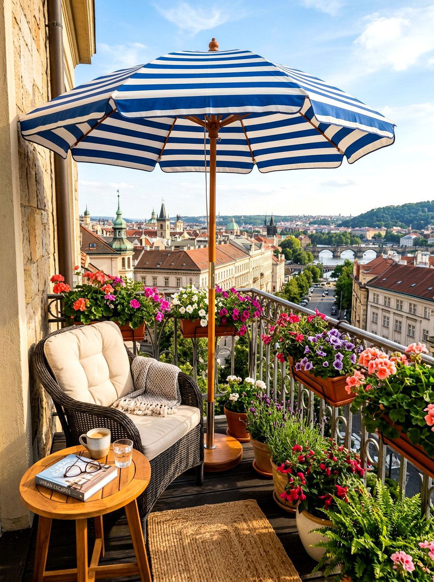 Striped umbrella on a small balcony - 30 striped umbrella patio decor ideas