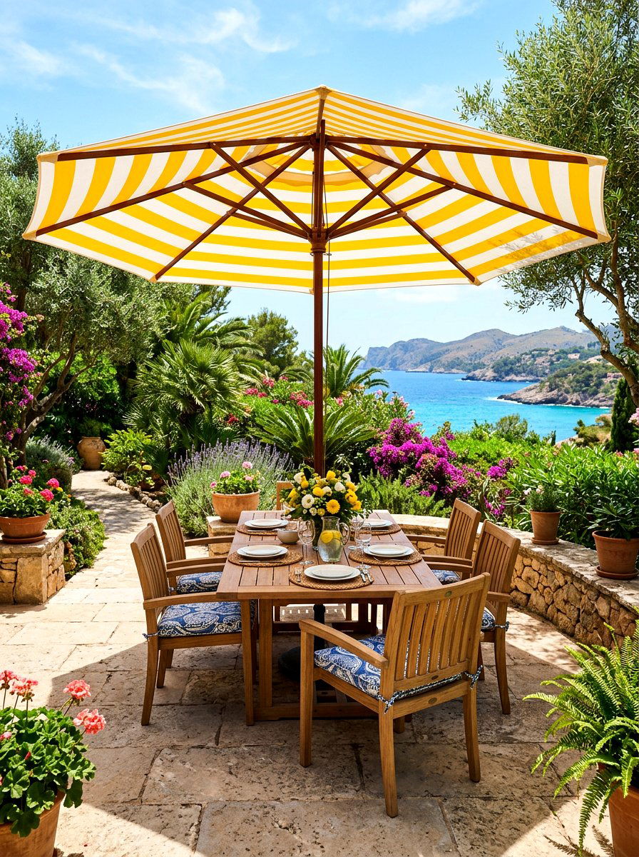 Striped umbrella shade setup - 30 lemonade patio party ideas