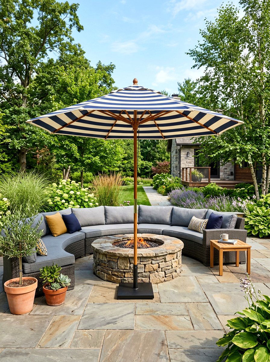 Striped umbrella with fire pit - 30 striped umbrella patio decor ideas