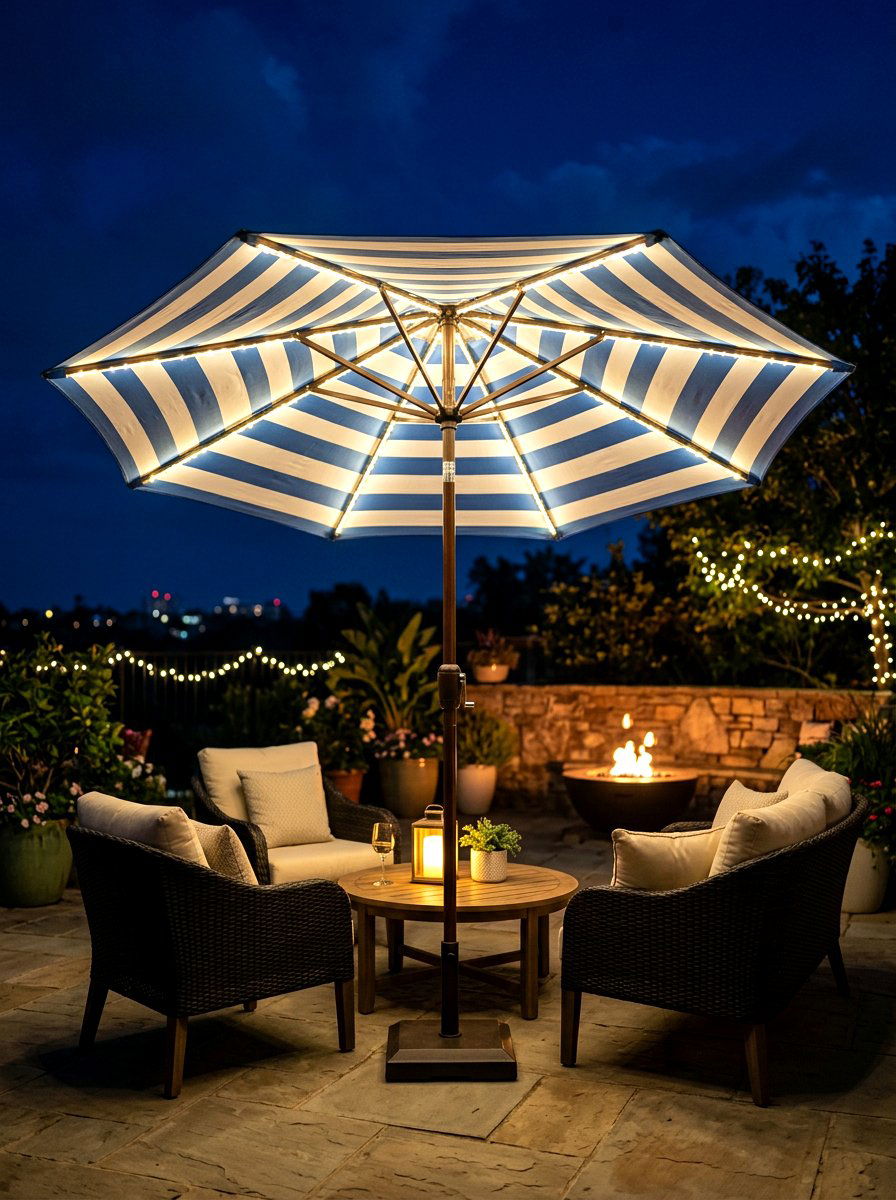 Striped umbrella with lights - 30 striped umbrella patio decor ideas